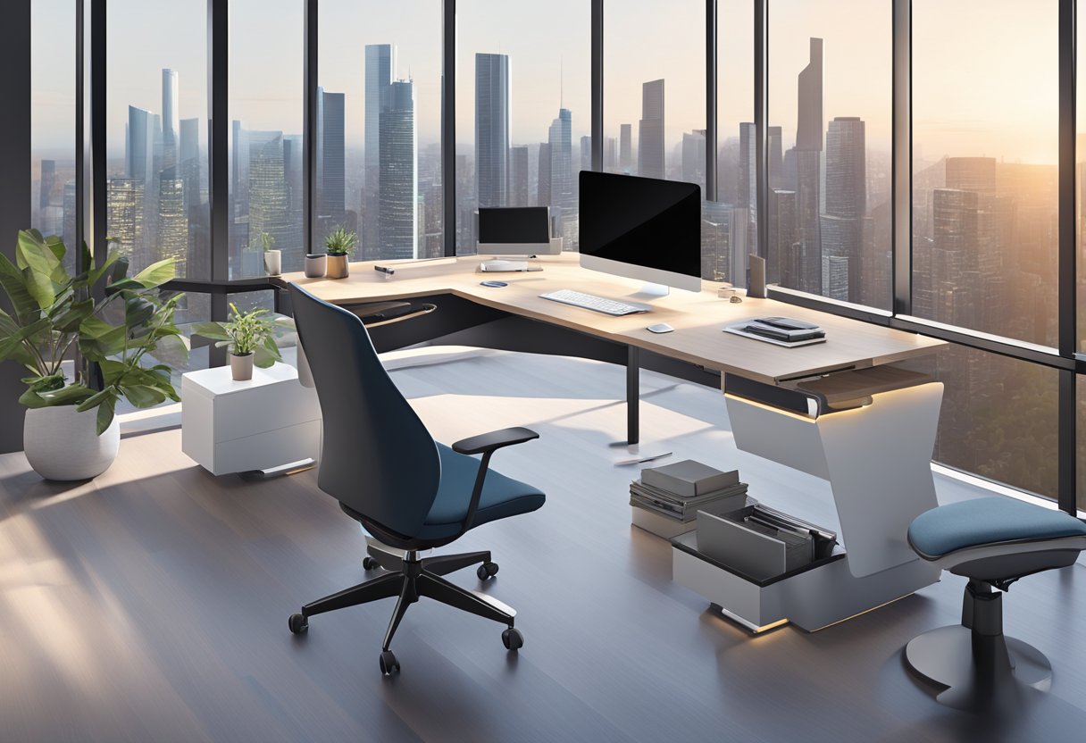 A sleek, modern workspace with a panoramic view of the city skyline. A height-adjustable desk with integrated technology and ergonomic accessories