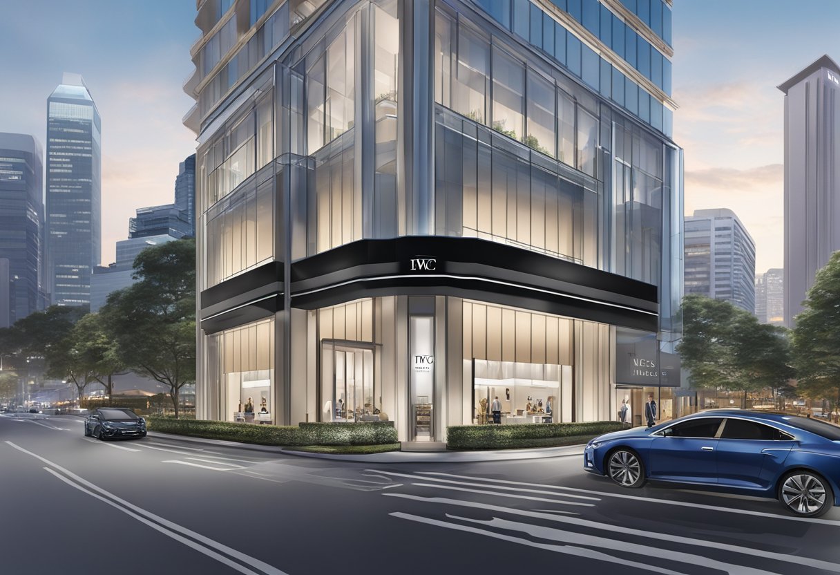The iconic IWC Singapore boutique, with its sleek and modern design, stands tall among the bustling cityscape, reflecting the vibrant energy of the city