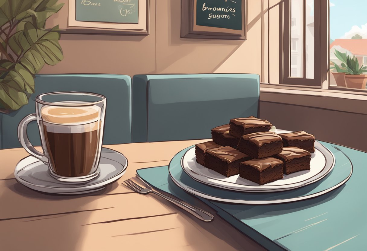 A table with a plate of brownies and a sign reading "Frequently Asked Questions Brownies Singapore" in a cozy cafe setting