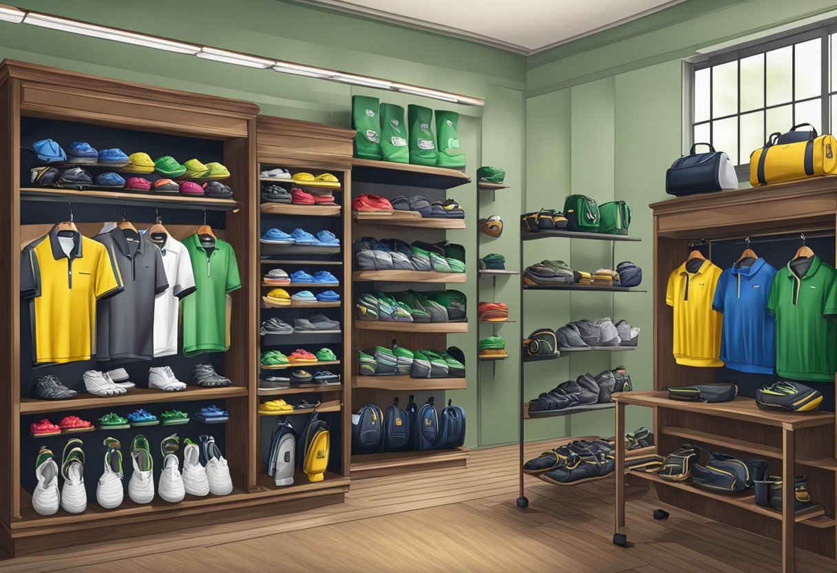 A golf shop with shelves of clubs, bags, and accessories. A display of golf services and logoed merchandise