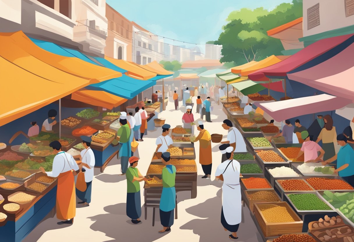 A bustling open-air market with colorful stalls selling a fusion of Mediterranean and Singaporean cuisine. Aromatic spices fill the air as chefs skillfully prepare dishes