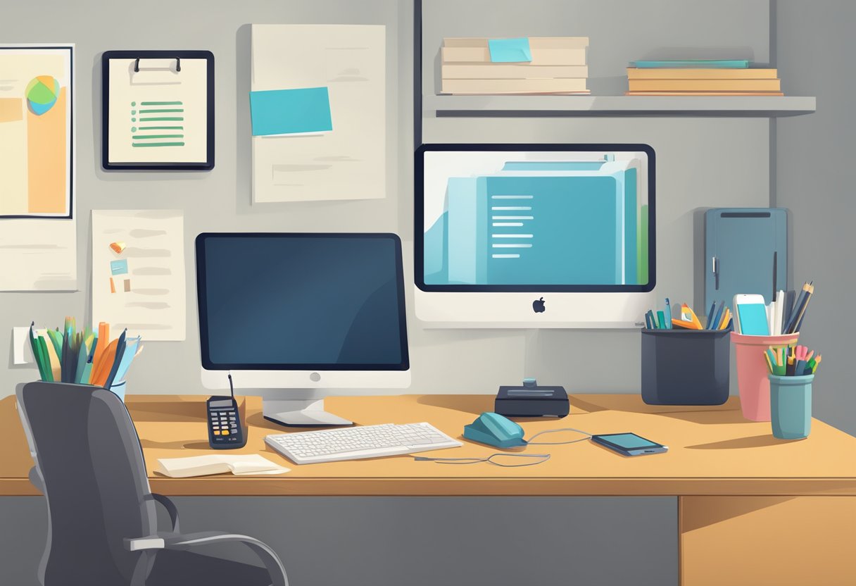 An office desk with a computer, phone, and notepad. A sign with "Frequently Asked Questions" on the wall