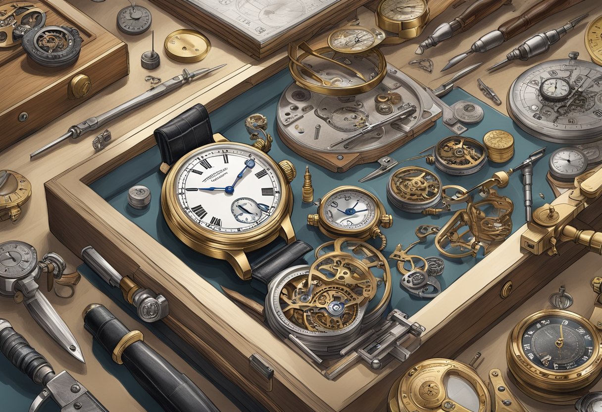 A cluttered workbench displays vintage watchmaking tools and intricate timepiece components, evoking a sense of history and craftsmanship at IWC's heritage workshop