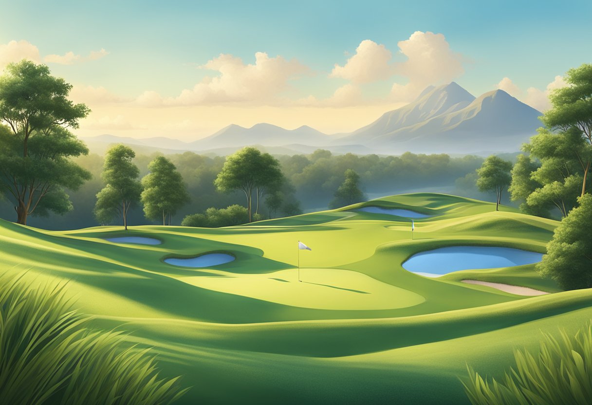 A golf club surrounded by a serene landscape with a clear blue sky and lush greenery