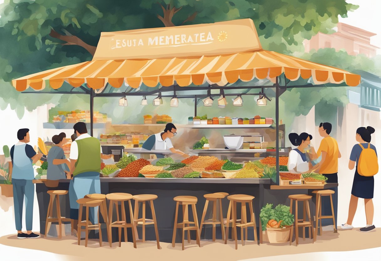 A bustling Mediterranean food stall in Singapore, with colorful ingredients and customers enjoying their meals