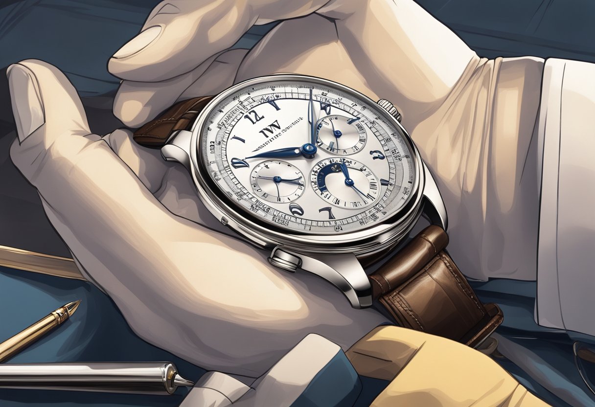 A hand reaches out to carefully wind a luxurious IWC timepiece, placed on a soft velvet cushion. The watch gleams under a warm spotlight, surrounded by tools and a polishing cloth