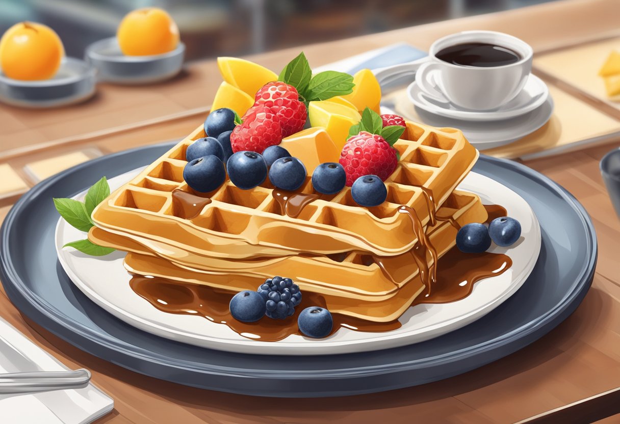 A plate of waffles topped with fresh fruit and drizzled with syrup sits on a table in a bustling Singaporean cafe