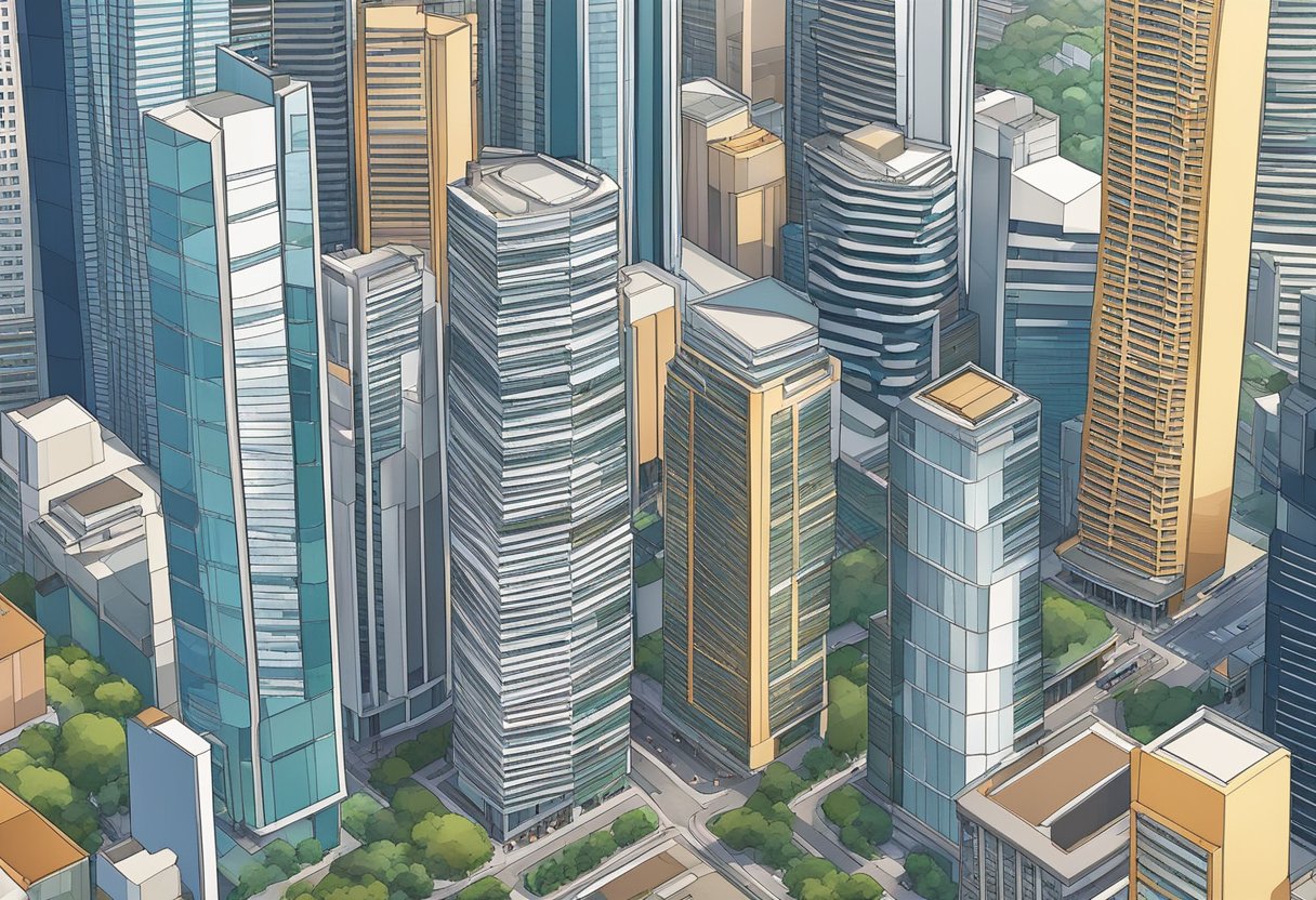 Skyscrapers rise in Singapore's financial district, with bustling streets below and a mix of modern and colonial architecture