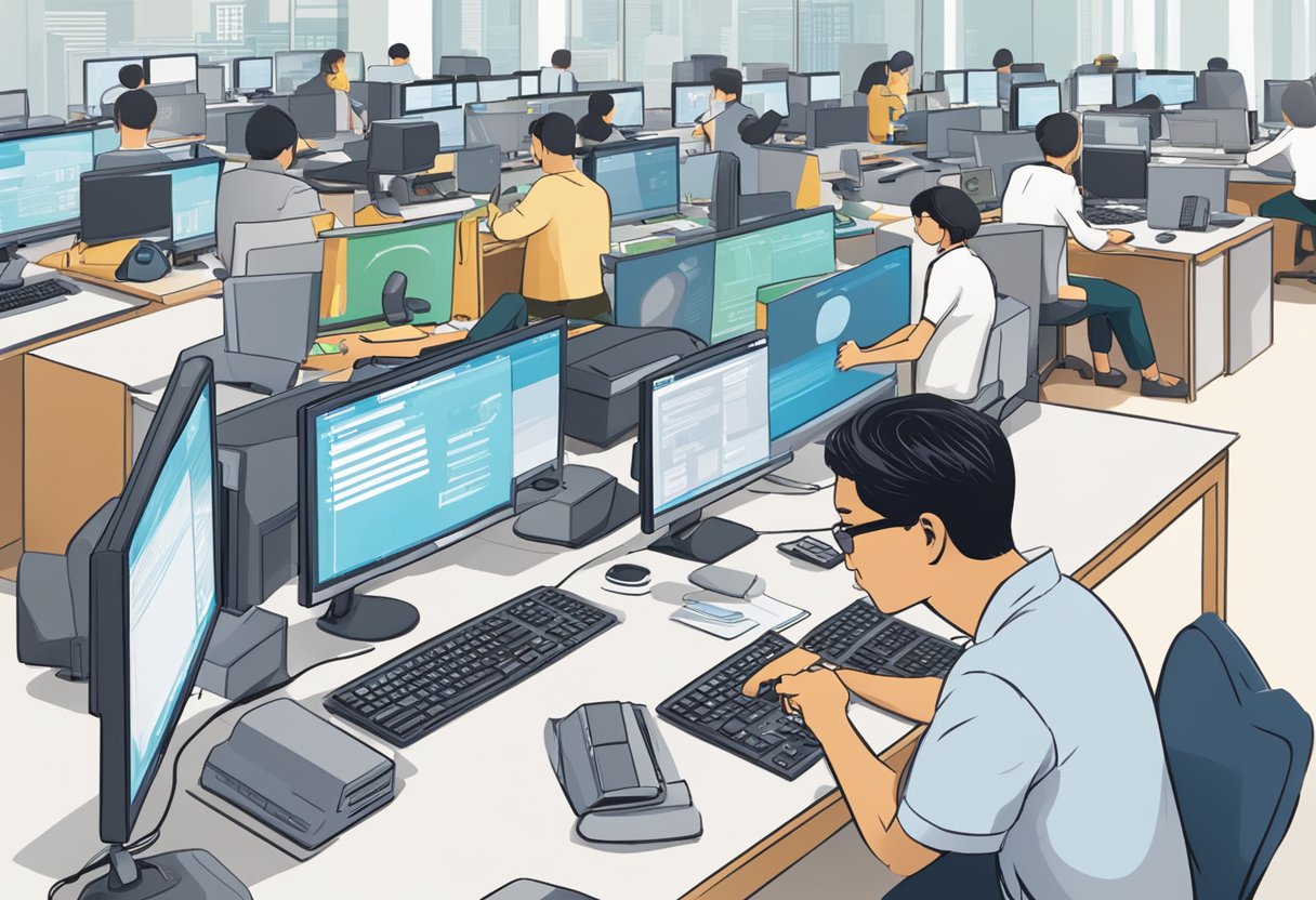 A person sitting at a desk, surrounded by computer equipment, assisting customers with CDC vouchers in Singapore