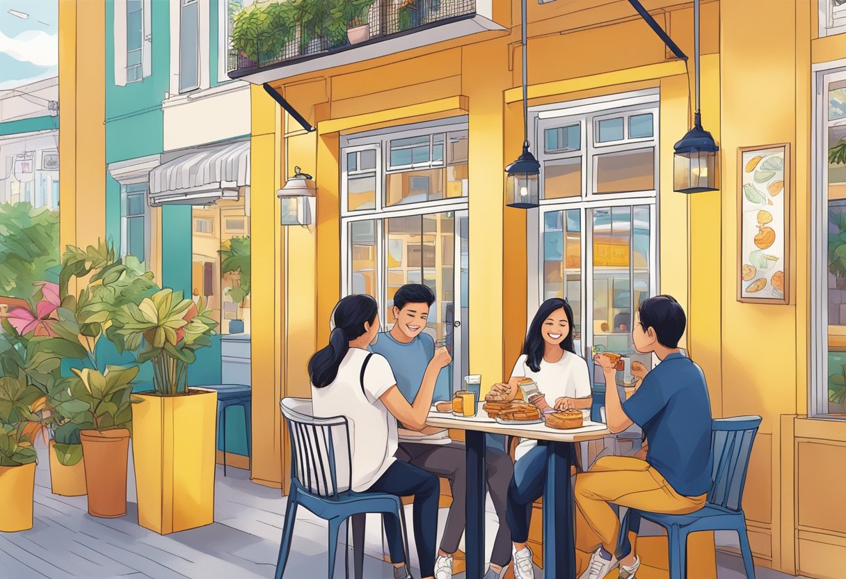 Customers enjoying waffles at colorful cafes in Singapore