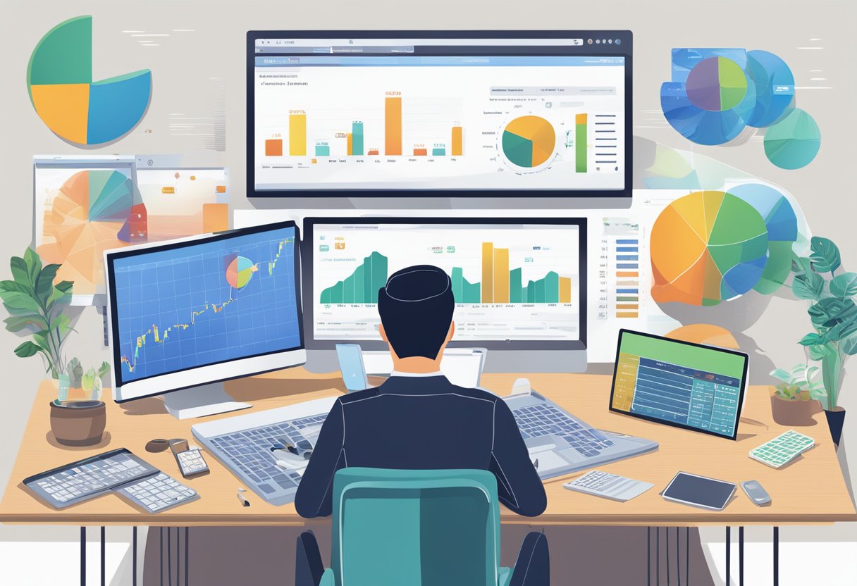 A person reviewing investment options in Singapore, with various financial products and charts displayed on a computer screen
