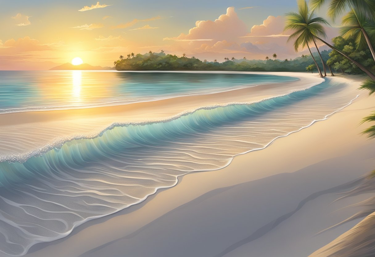The sun sets over the tranquil White Sands beach in Singapore, casting a warm glow on the pristine white sand and crystal-clear waters