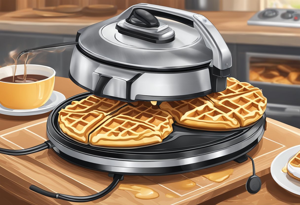 A waffle iron sizzles as batter pours in, filling the grooves. Steam rises as the lid closes, and the aroma of freshly baked waffles fills the air