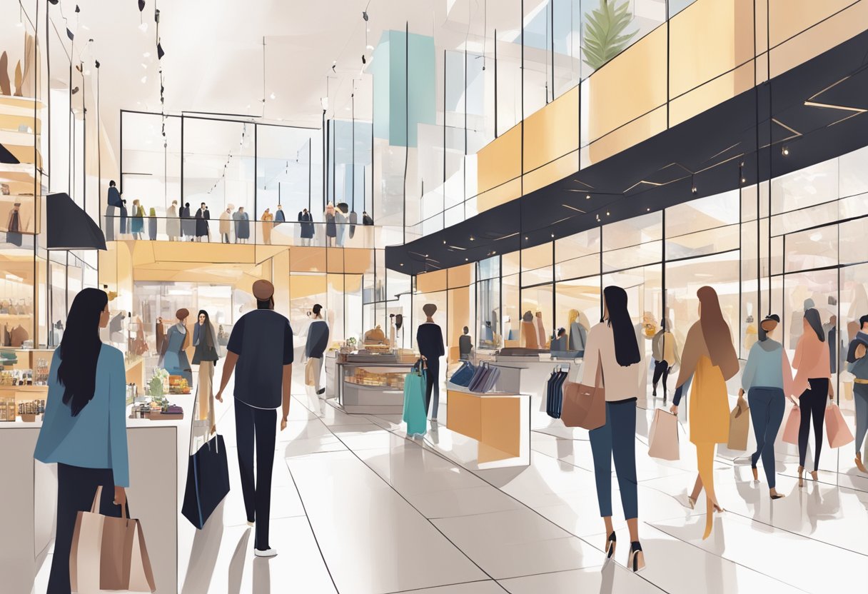 A bustling retail space with modern architecture, bright lighting, and a variety of luxury and designer stores. Shoppers browse through the latest fashion and accessories, while others enjoy dining at trendy restaurants