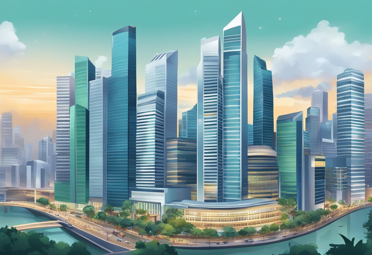 A bustling cityscape of Singapore with skyscrapers and financial institutions, showcasing the dynamic environment of investment and wealth management