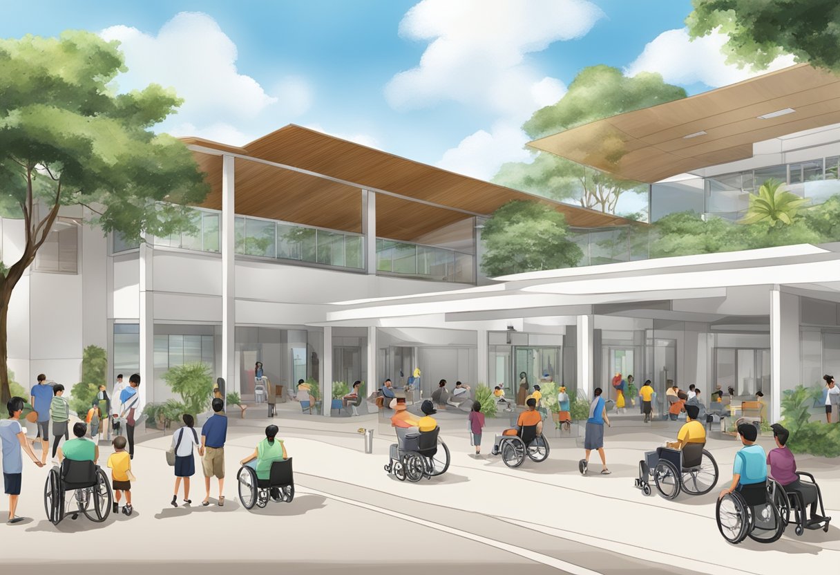 A bustling community center in White Sands, Singapore, with wheelchair ramps and diverse services