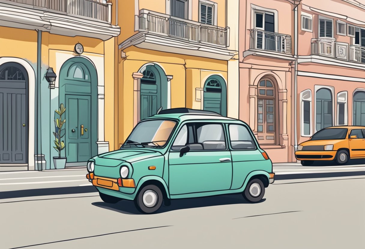A small car parked on a crowded street in Singapore. The vehicle is basic and inexpensive, with minimal features and a simple design
