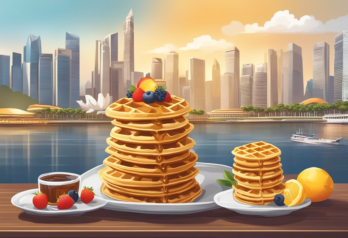 A stack of golden brown waffles with a side of syrup and fresh fruit, set against a backdrop of the iconic Singapore skyline