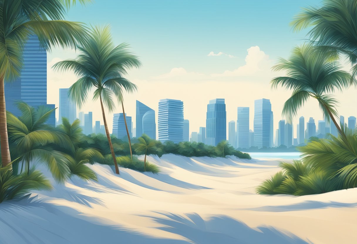 The white sands of Singapore stretch endlessly under a clear blue sky, with palm trees swaying gently in the breeze
