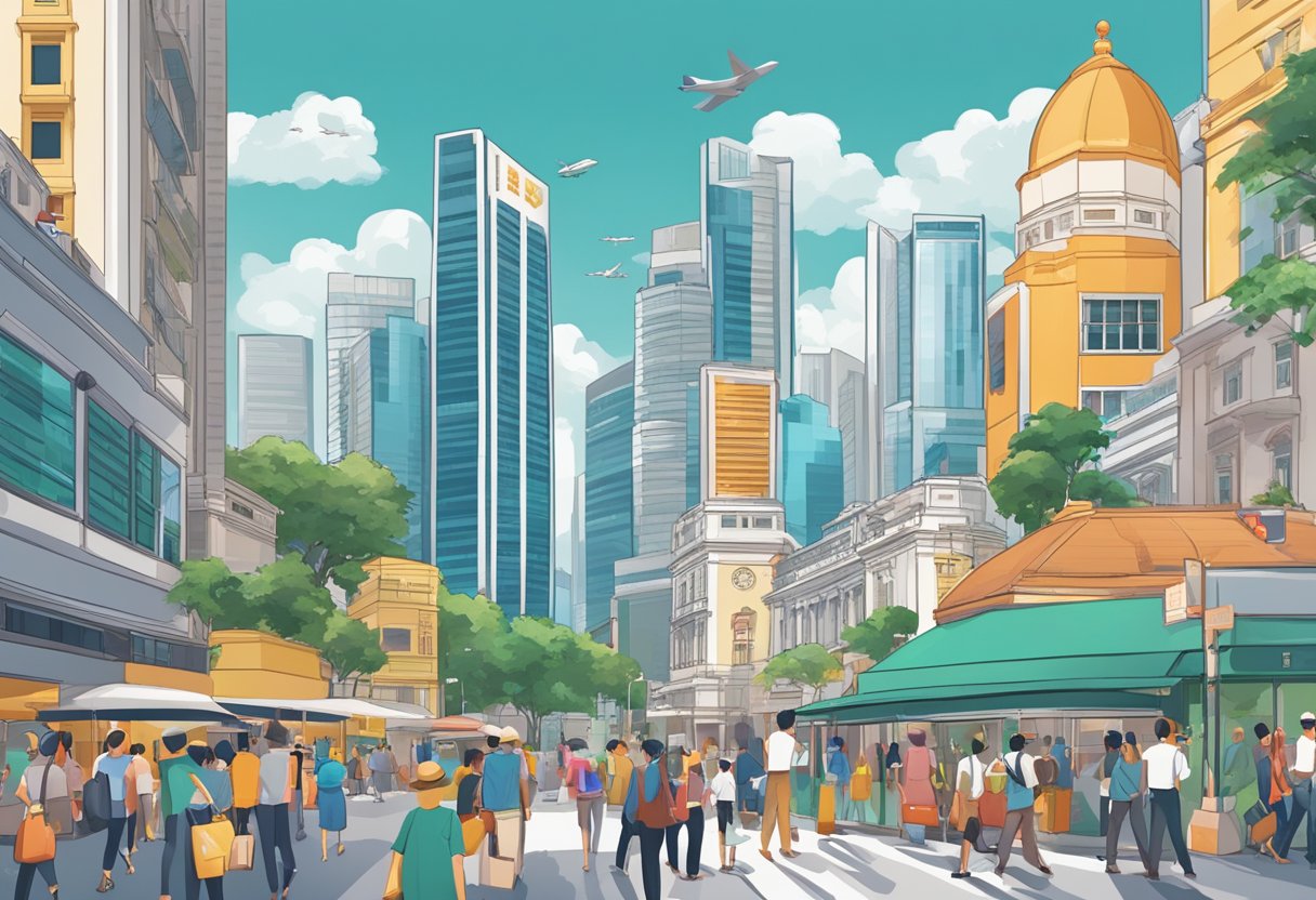 A bustling cityscape with iconic Singapore landmarks, a prominent "Frequently Asked Questions" sign, and a diverse group of people seeking investment information