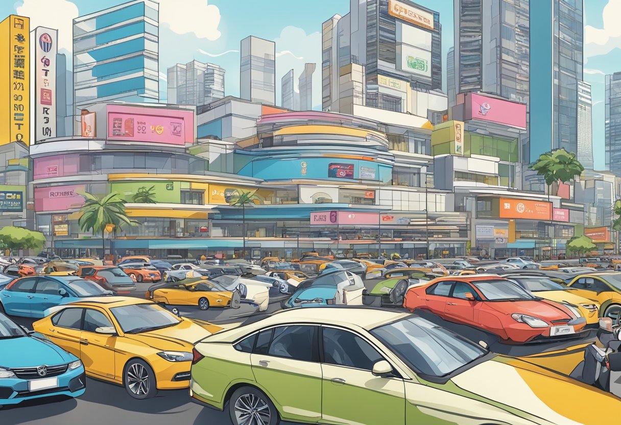 A busy Singapore street with various car dealerships, price tags, and a large sign displaying "Factors Influencing Car Prices" in bold letters