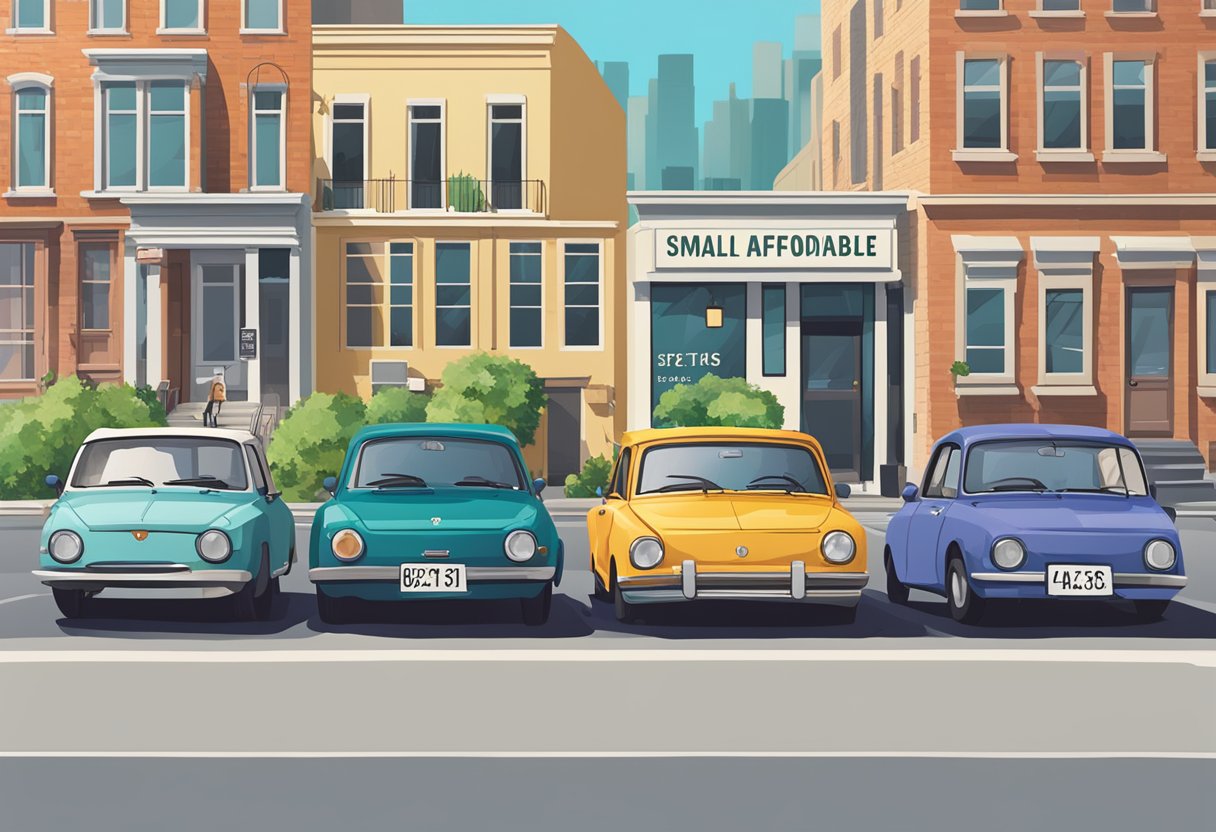 A row of small, economical cars parked in a city setting, with price tags and "most affordable" signage displayed prominently