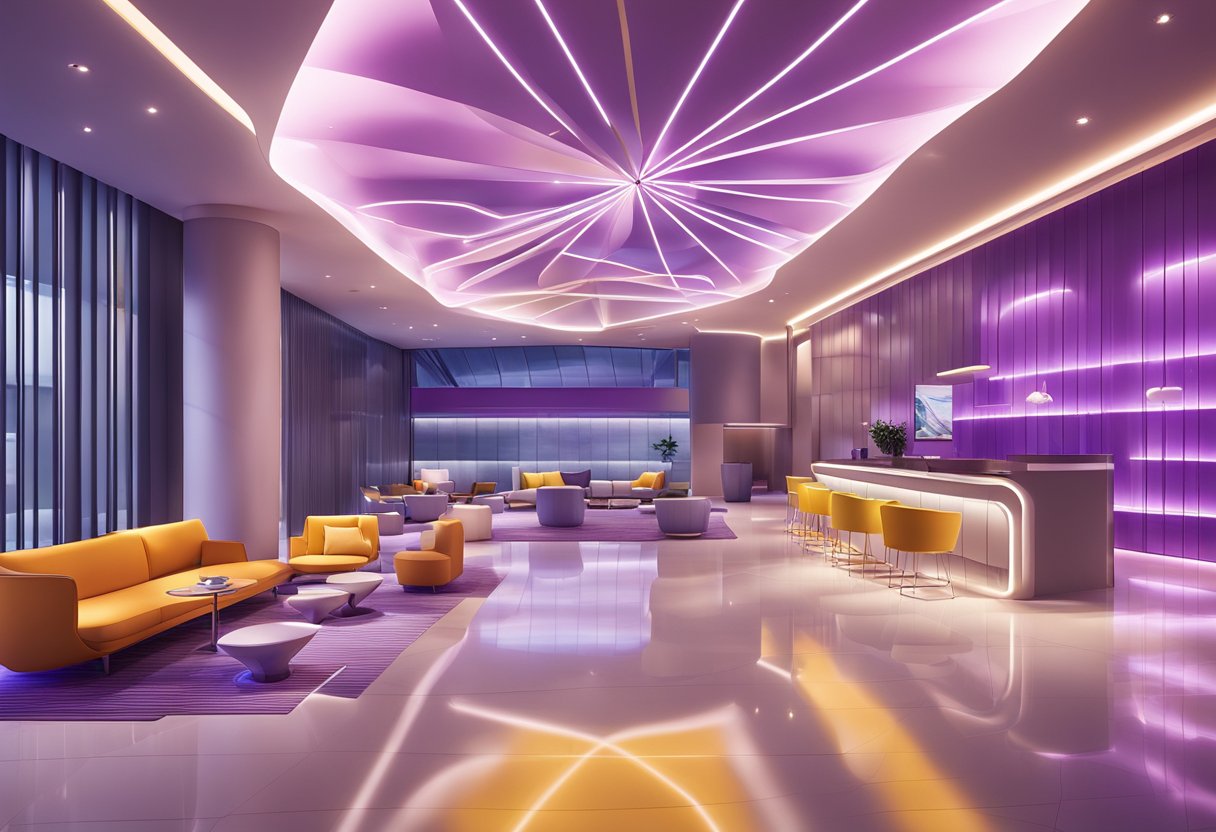 A futuristic hotel lobby with sleek, modern design and vibrant lighting at Yotel Singapore Changi