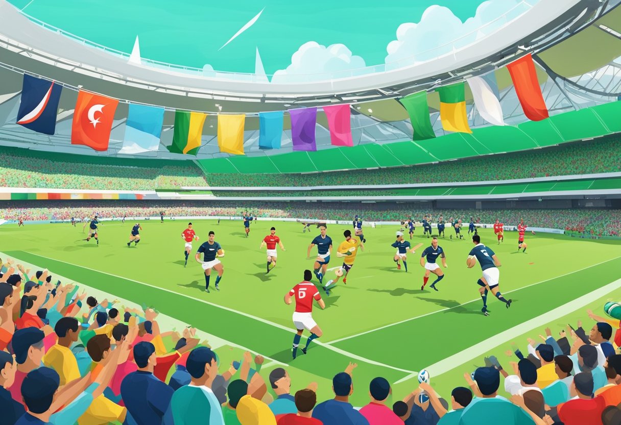 Rugby players competing on a vibrant green field, surrounded by cheering fans and colorful team banners at the Singapore Sevens event