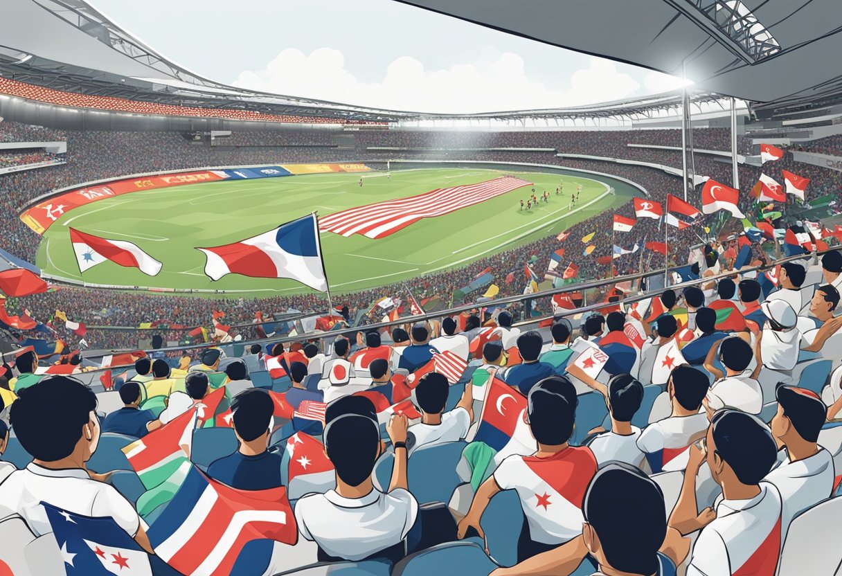 Spectators fill the stands at the Singapore Sevens, with flags waving and excitement in the air. The stadium is alive with energy as teams compete on the field