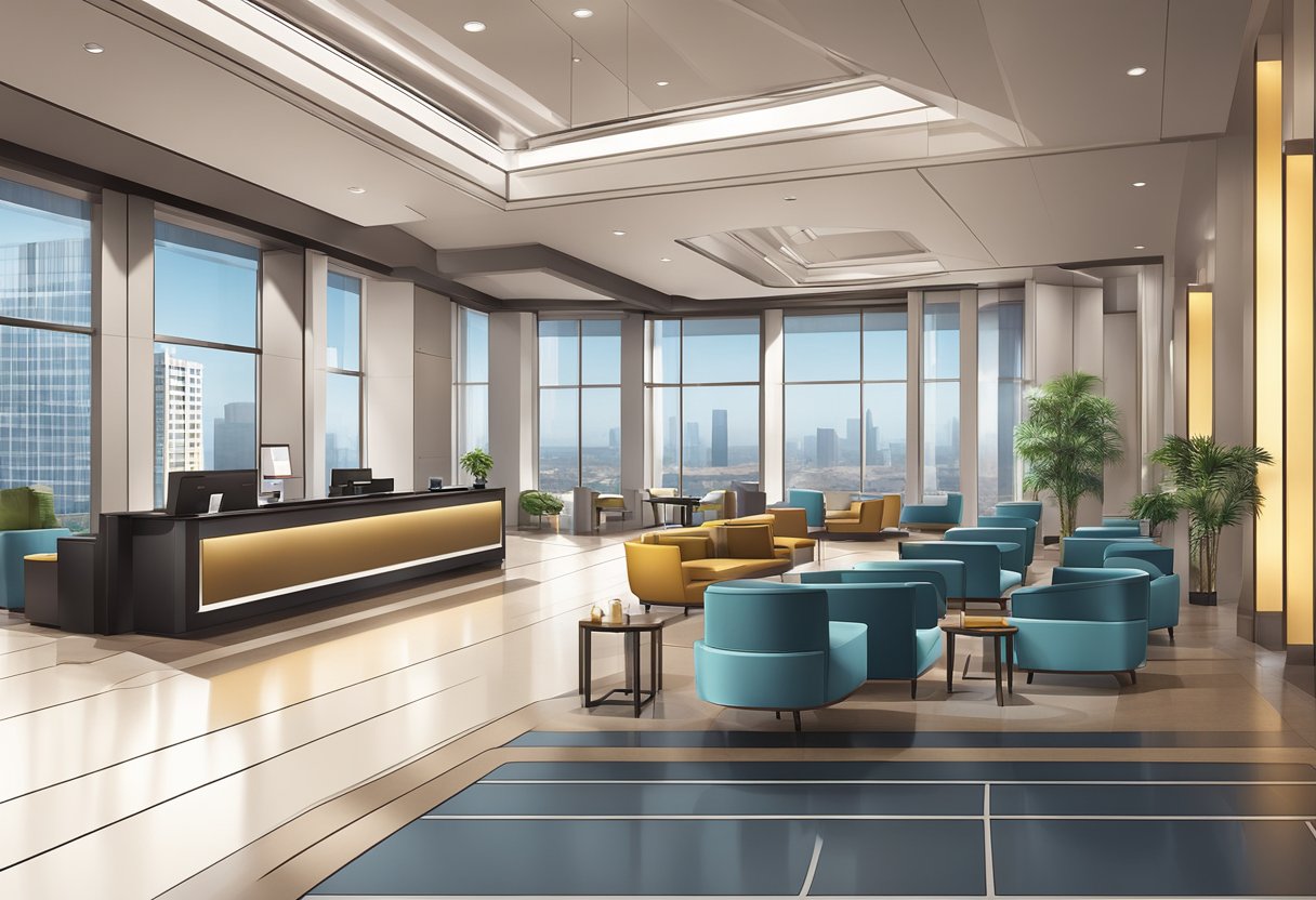 A modern hotel lobby with check-in desk, comfortable seating, and a sleek design. A large window overlooks the city skyline