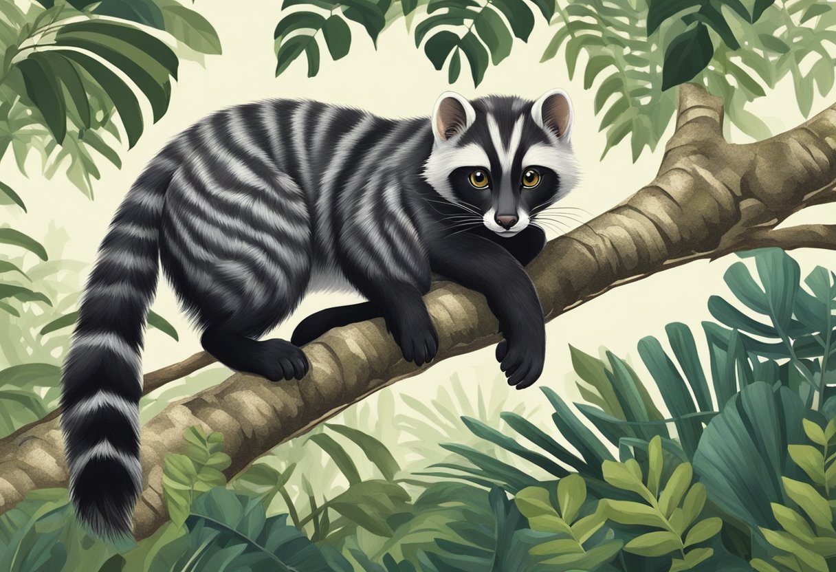 A civet cat perched on a tree branch in a lush Singaporean forest, surrounded by tropical foliage and the sounds of wildlife