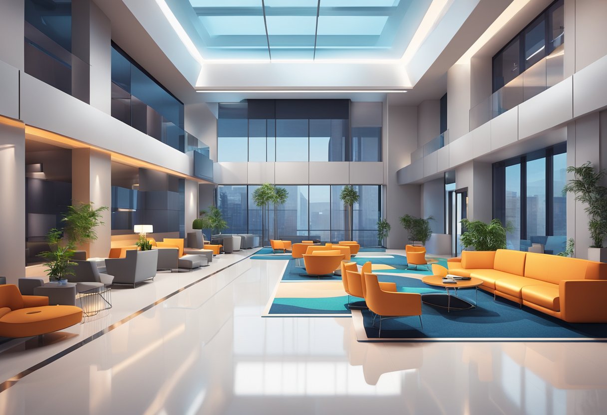 A modern lobby with sleek furniture, a vibrant color scheme, and futuristic lighting. The space is adorned with high-tech amenities and comfortable seating areas