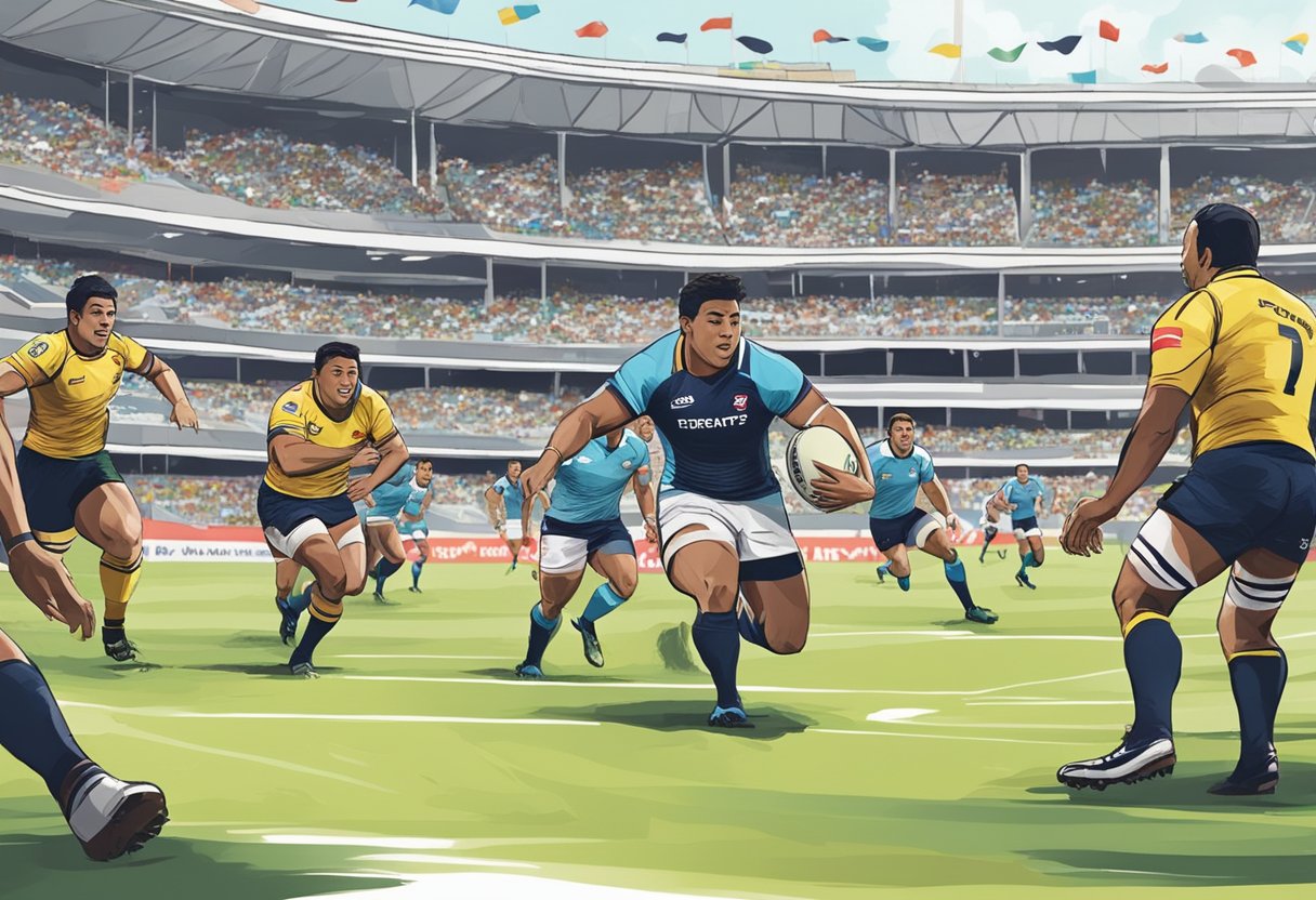 Rugby players compete on the field as fans cheer in the stands at the Singapore Sevens tournament