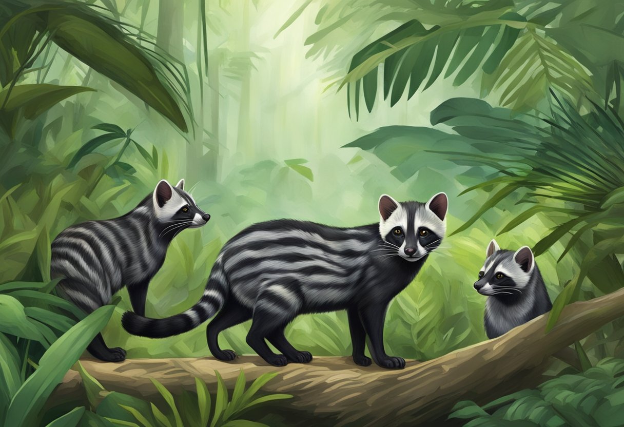 Civet cats roam freely in a lush Singaporean forest, interacting with the environment and other wildlife