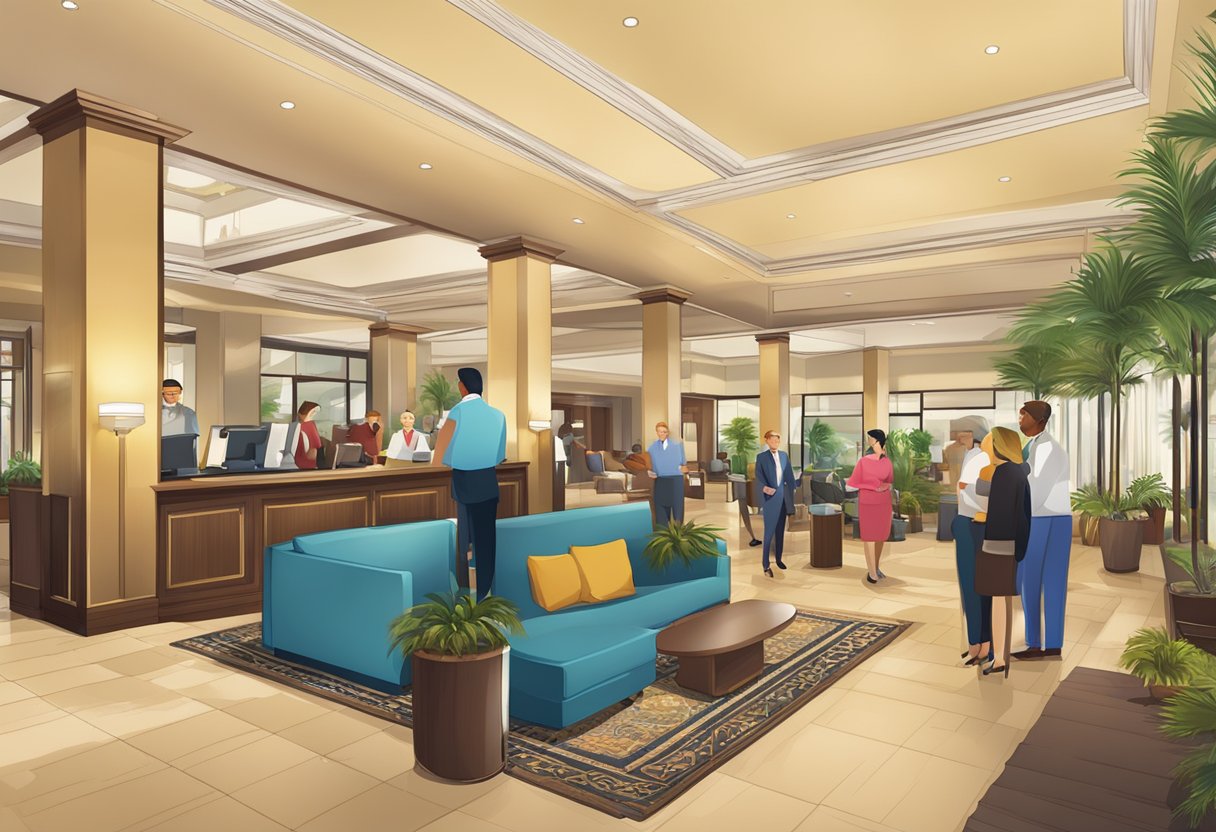 A busy hotel lobby with a prominent "Frequently Asked Questions" sign, guests checking in, and staff assisting