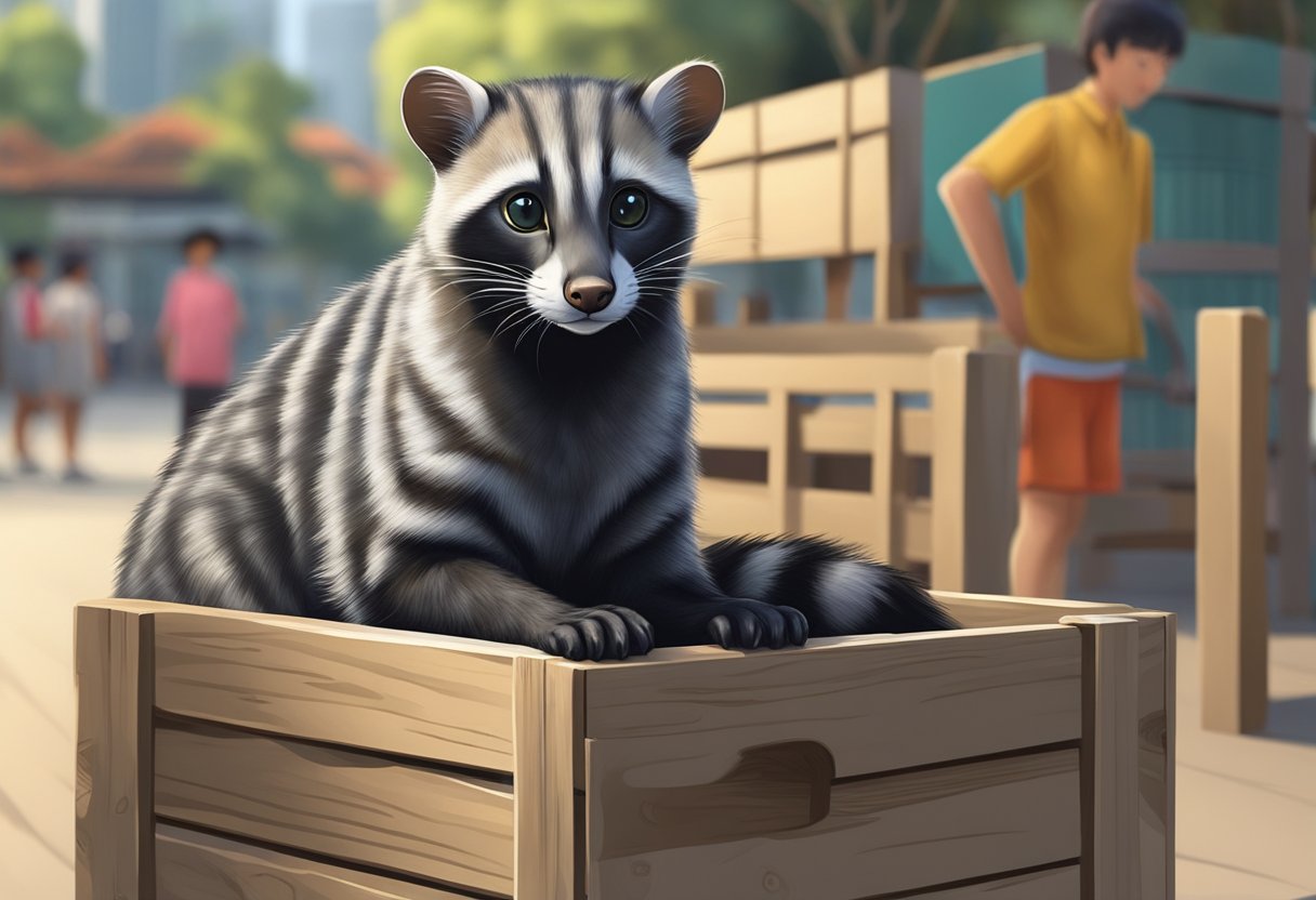 A civet cat in Singapore, surrounded by curious onlookers, sits atop a wooden crate labeled "Frequently Asked Questions." The cat's sleek fur and inquisitive expression capture the attention of passersby