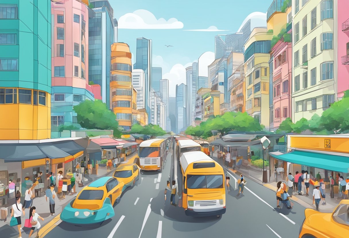 A bustling street in Singapore, with colorful buildings and bustling activity