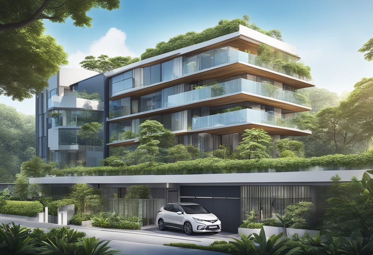 The scene shows a modern building at 10 Winstedt Road, Singapore, with surrounding greenery and a clear blue sky