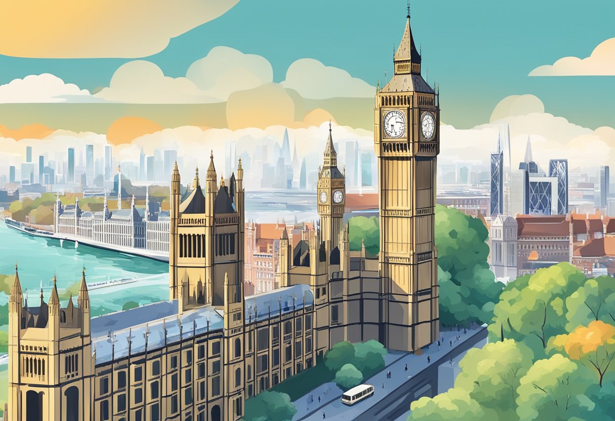 Big Ben clock showing 12pm, with a backdrop of London landmarks. Singapore skyline in the background, with a clock showing 7pm