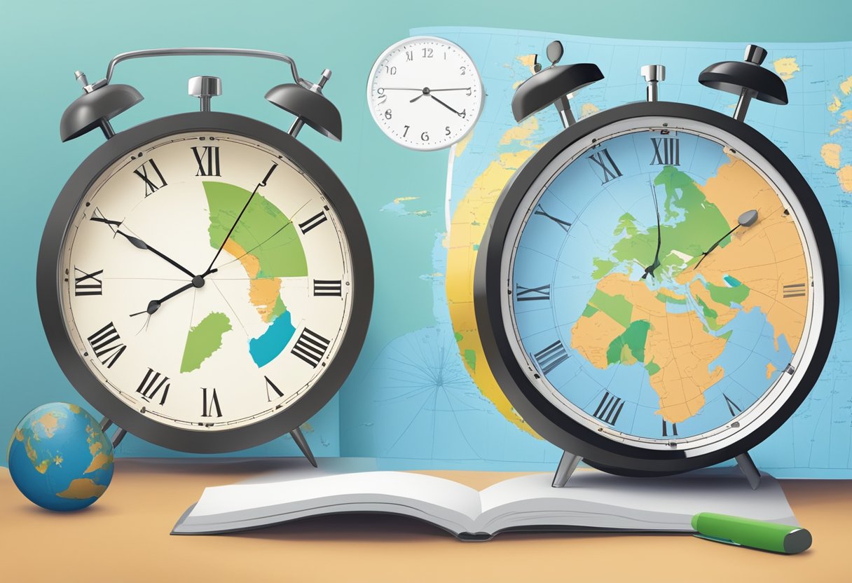 A clock showing 3 pm in London and another showing 10 pm in Singapore, with a world map in the background