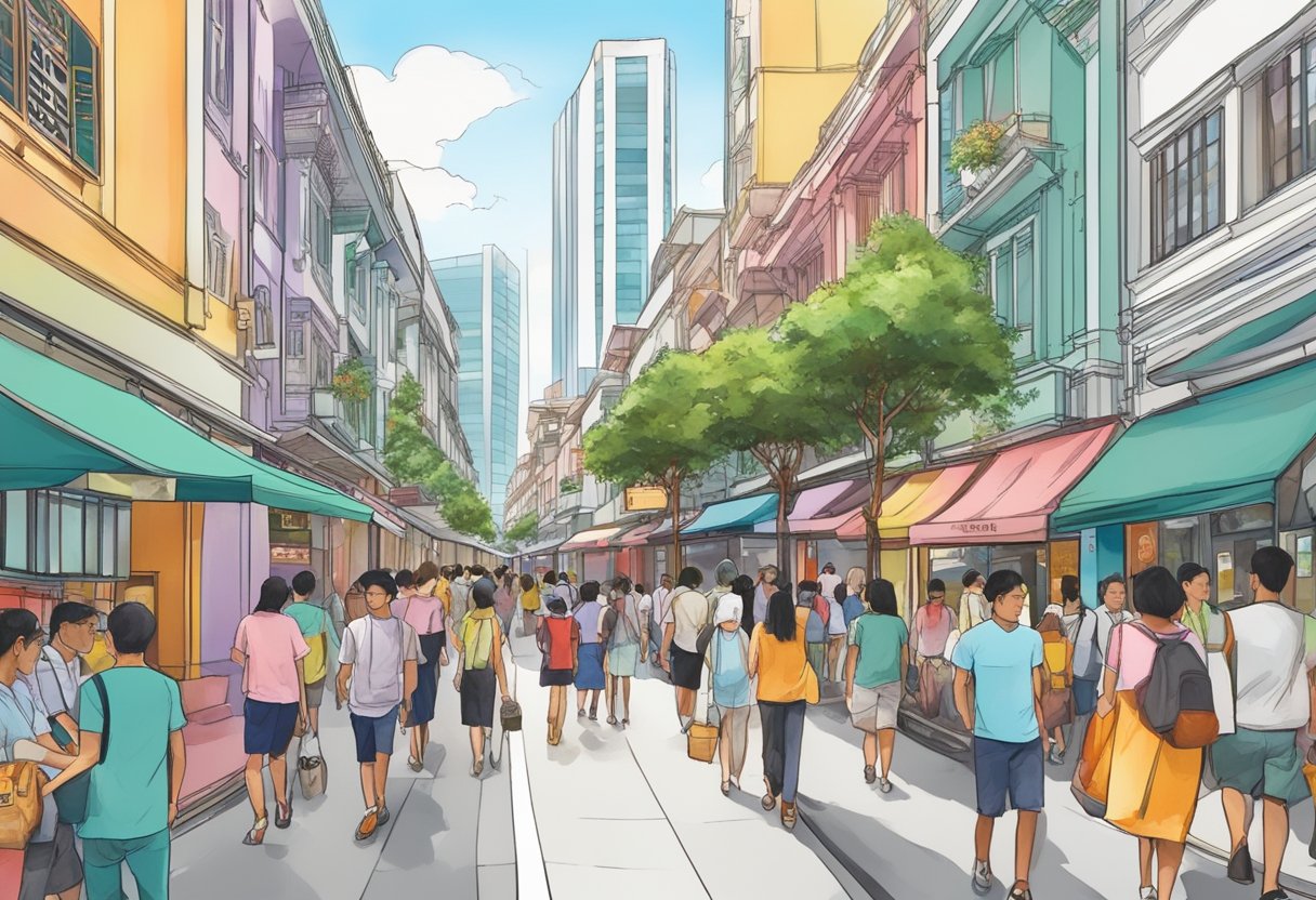 A bustling street in Singapore's Sperry district, with colorful shopfronts and busy pedestrians