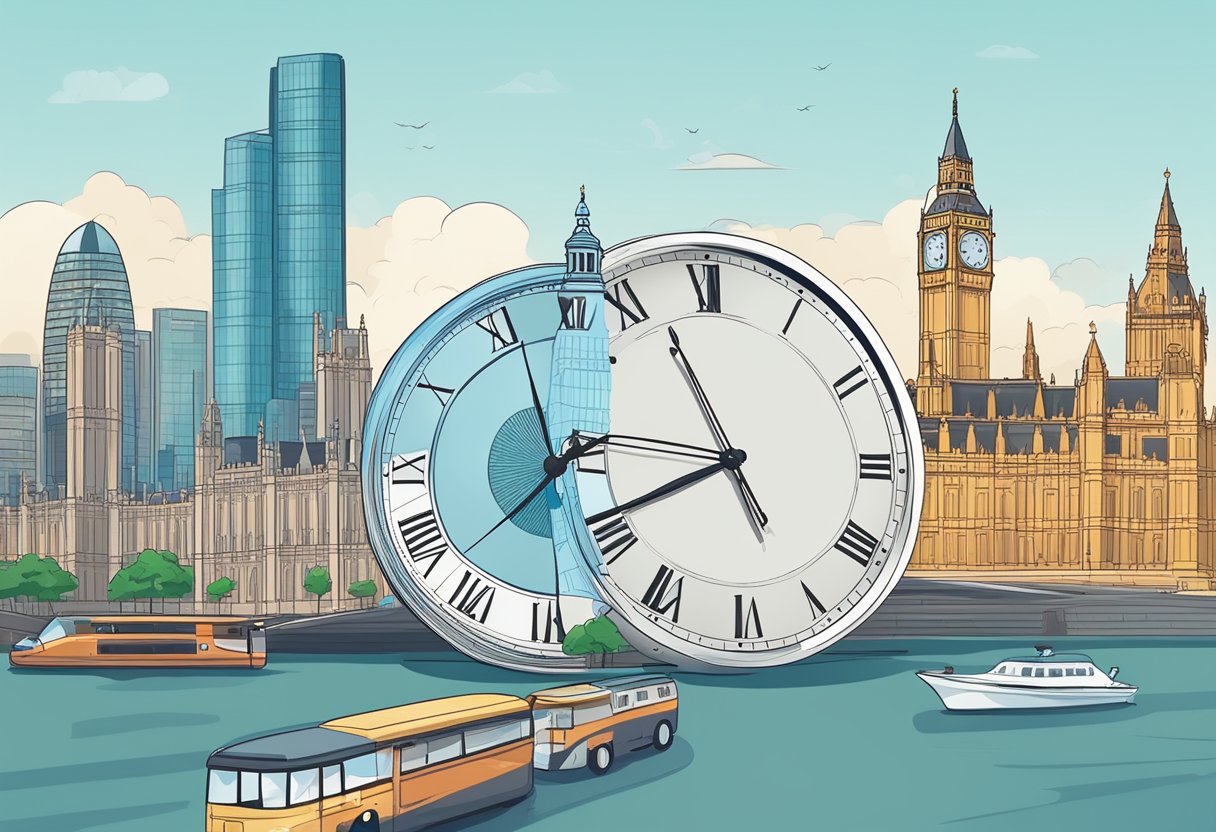 A clock showing 3 PM in London with the city skyline in the background, and another clock showing 10 PM in Singapore with the Singapore skyline in the background