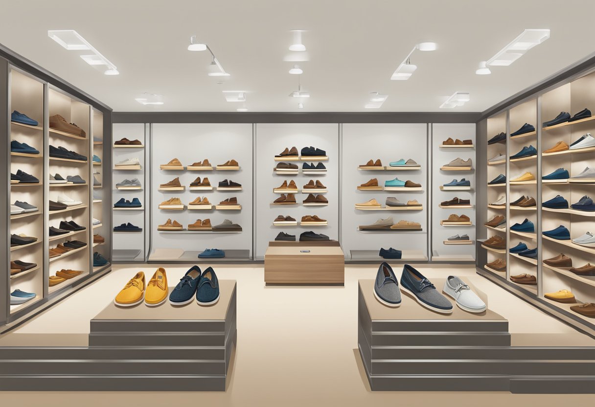 A display of Sperry's footwear collection, featuring various styles and colors, arranged neatly on shelves and pedestals in a well-lit and spacious showroom
