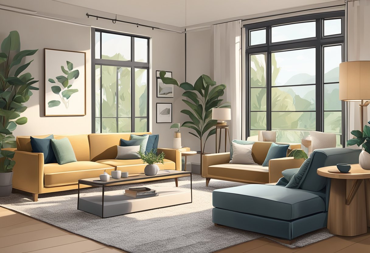 A cozy living room with a plush sofa, soft throw pillows, and a sleek coffee table. The room is bathed in warm, natural light from large windows, creating a welcoming and relaxed atmosphere