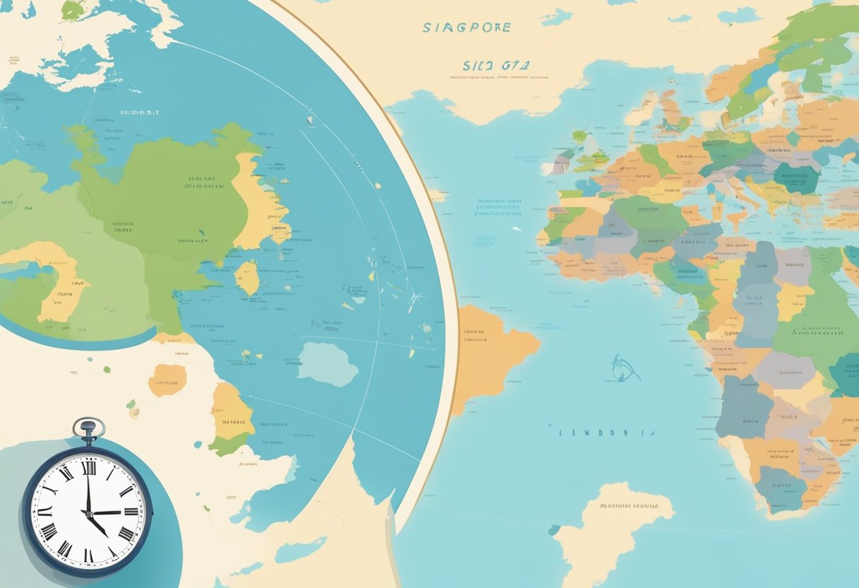 A clock showing London time and another clock showing Singapore time side by side with a map of the world in the background