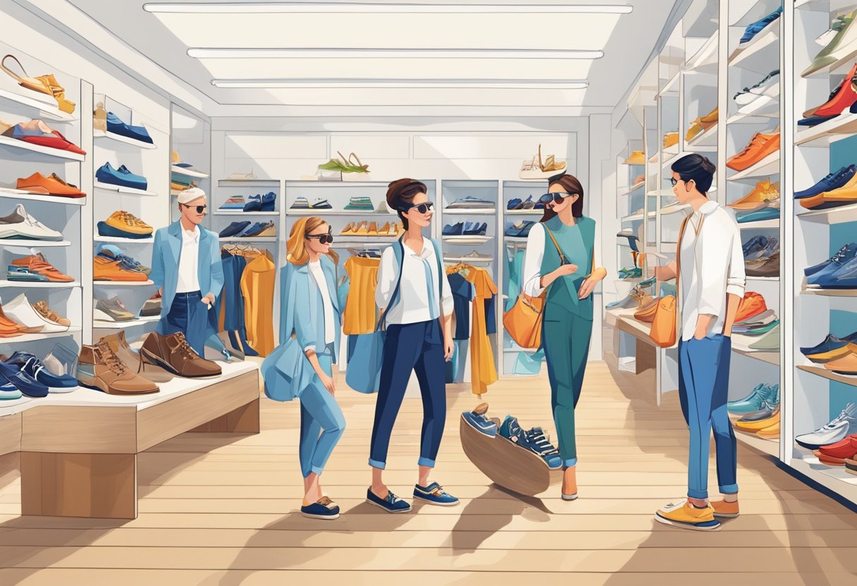Customers browse shelves, try on shoes, and chat with staff in a bright, modern store filled with nautical-themed footwear and accessories