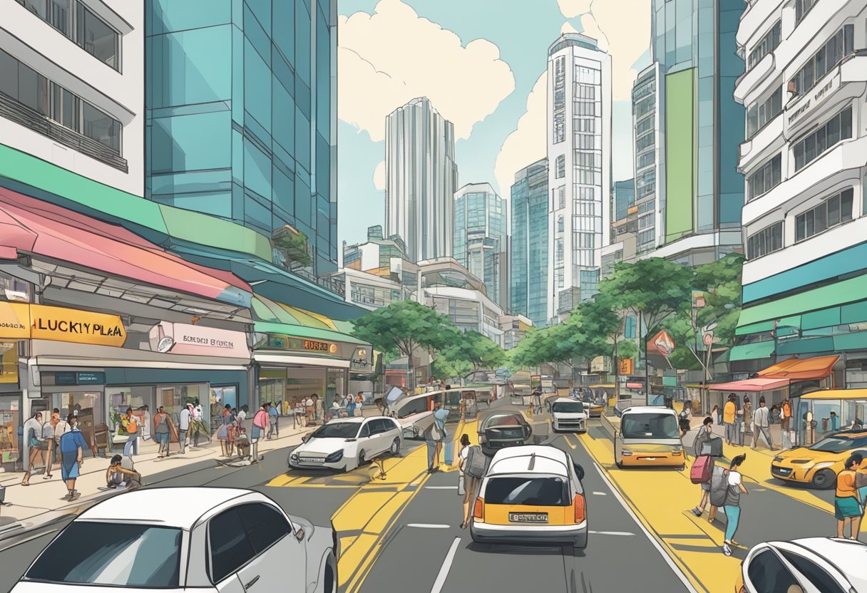 A bustling street in Singapore, with a prominent building labeled "Lucky Plaza" at 304 Orchard Rd. Busy traffic and people in the background