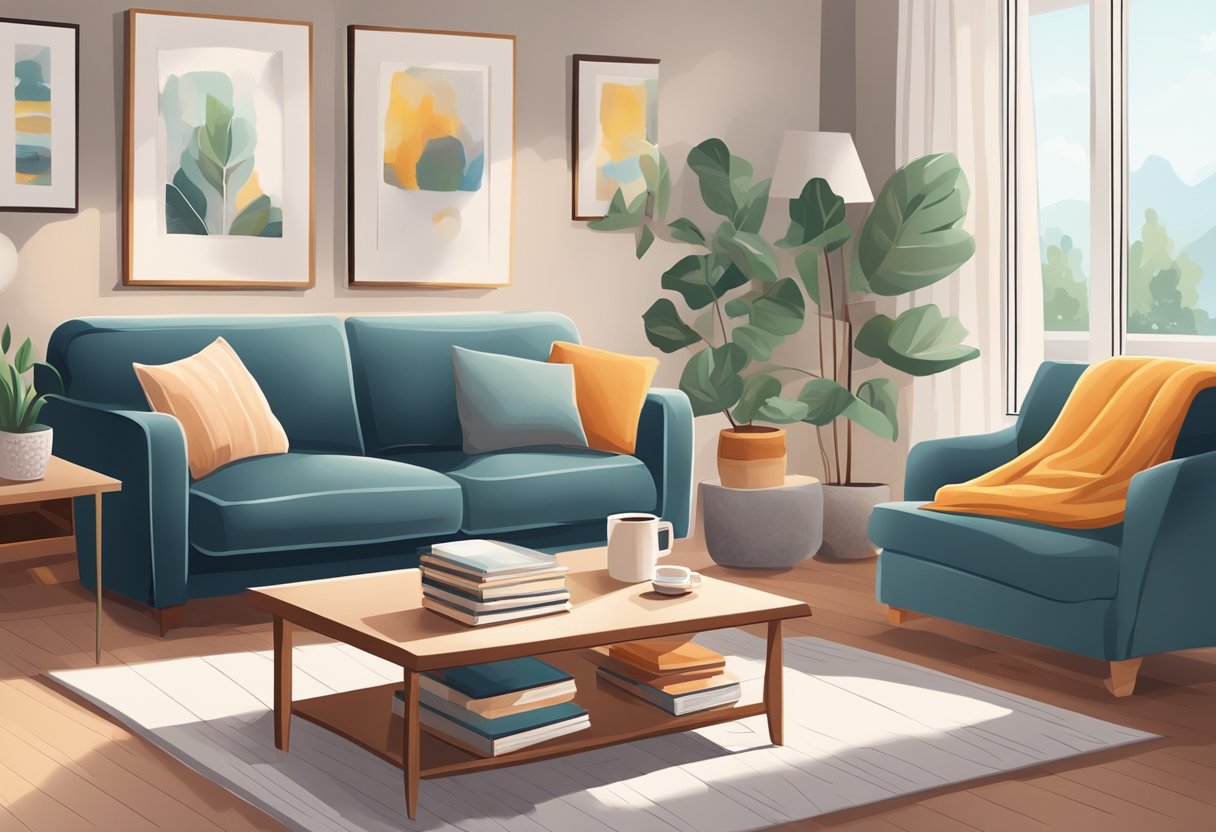 A cozy living room with a plush sofa, a soft rug, and a warm throw blanket. A sleek coffee table holds a stack of books and a steaming cup of tea