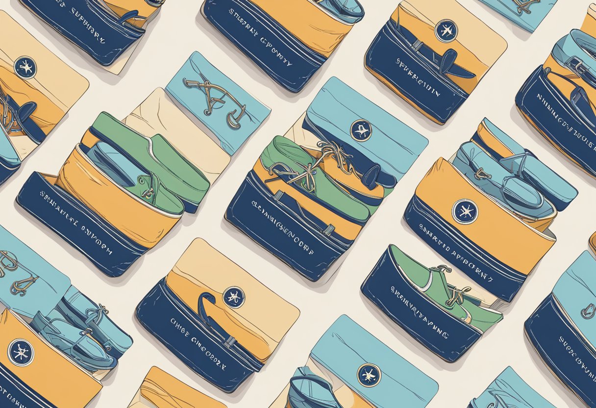 A stack of FAQ cards with "Sperry Singapore" logo, surrounded by nautical-themed items like boat shoes, anchors, and compasses