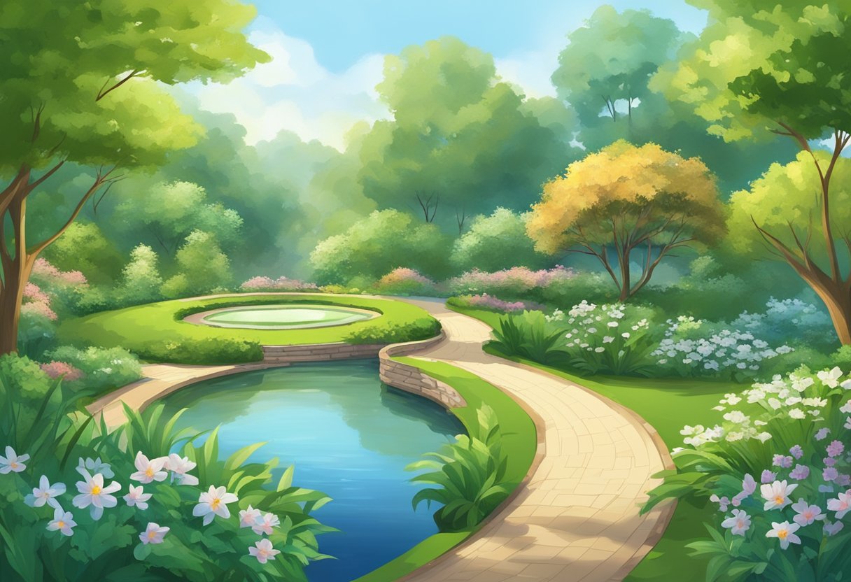 A serene garden with a winding path, lush greenery, and a peaceful pond, surrounded by a clear blue sky and gentle sunlight